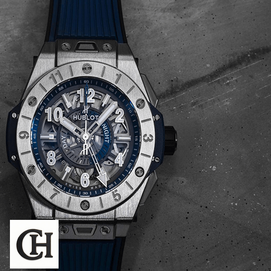 Hublot Big Bang Unico "Transparent" Sapphire Case 471.NX.7112.RX Superior hublot big bang unico gMT Hublot Big Bang Unico GMT 3 Blue grey background