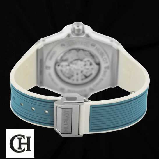 Hublot Big Bang One Click Chen Man 465.SE.6070.RW.CHM17 hublot big bang one click chen man 465 SE 6070 RW CHM17 back Hublot Big Bang Blue Rubber Bracelet 465_SE_6070_RW_CHM17 black background
