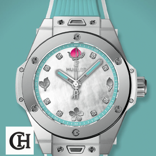 Hublot Big Bang One Click Chen Man 465.SE.6070.RW.CHM17 hublot big bang one click chen man 465 SE 6070 RW CHM17 front three Hublot Big Bang One Click White Dial Blue Rubber Bracelet blue background