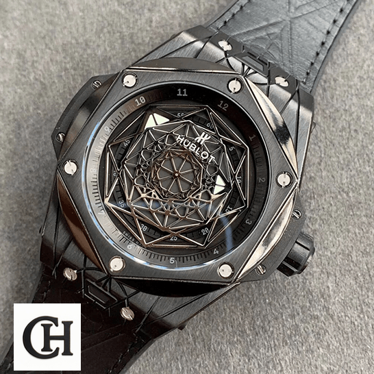Hublot Big Bang "All Black" Ceramic 415.CX.1114.VR.MXM17 Next Level hublot big bang sang bleu all black left Hublot Big Bang All Black Leather Bracelet on the grey carpet