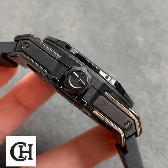 Hublot Big Bang "All Black" Ceramic 415.CX.1114.VR.MXM17 Next Level hublot big bang sang bleu all black left dial Hublot Big Bang All Black Carbon Case side view crown on the hand