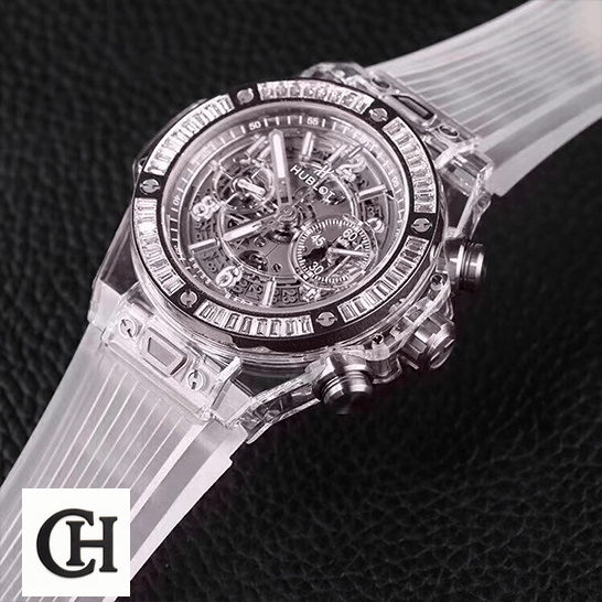 Hublot Big Bang Unico Sapphire Diamond 411.JX.4802.RT.1904 hublot big bang unico sapphire baguettes 411 JX 4802 RT 1904 front right Hublot Big Bang Unico Sapphire 411_JX_4802_RT_1904 black background