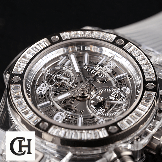 Hublot Big Bang Unico Sapphire Diamond 411.JX.4802.RT.1904 hublot big bang unico sapphire baguettes 411 JX 4802 RT 1904 front two Hublot Big Bang Sapphire 411_JX_4802_RT_1904 black background