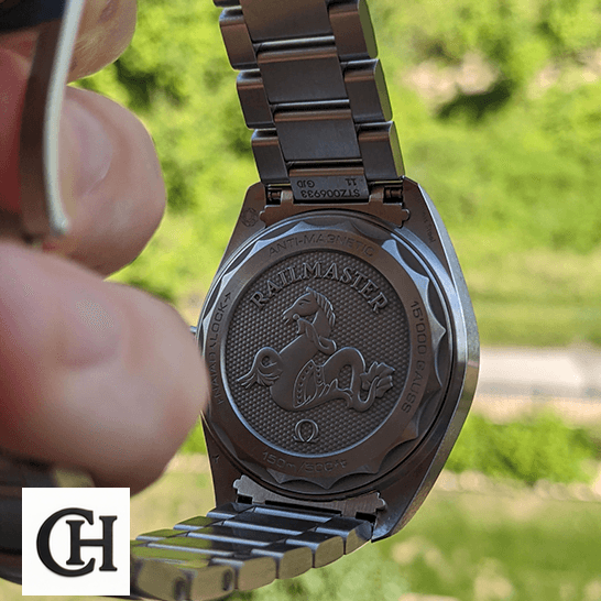 Omega Raılmaster Stainless Steel Case green background