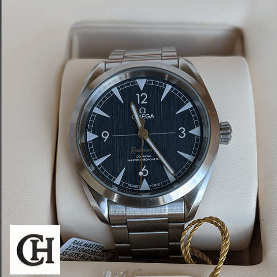 Omega 220.10.40.20.03.001 Railmaster Blue Dial in the white box