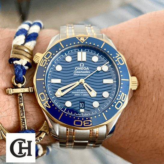 Omega Seamaster Diver Master Co-Axial 210.20.42.20.03.001 Exceptional omega seamaster diver 300m 210.20.42.20.03.001 wrist Omega Seamaster Diver 300m Gold Blue Dial on the man wrist