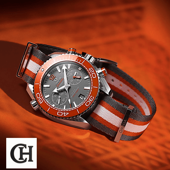 Omega Seamaster Planet Ocean 215.32.46.51.99.001 "Grey" Premium Duplicate Edition omega seamaster planet ocean 215.32.46.51.99.001 tiltedleft Omega Seamaster Orange Bezel Grey Dial orange background