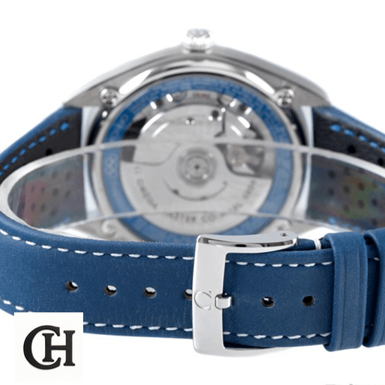 Omega Seamaster Master Co Axial Blue Rubber Bracelet Steel Clasp upside view