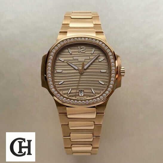 Patel Philippe Geneve Gold Diamond Bezel front view rose gold background