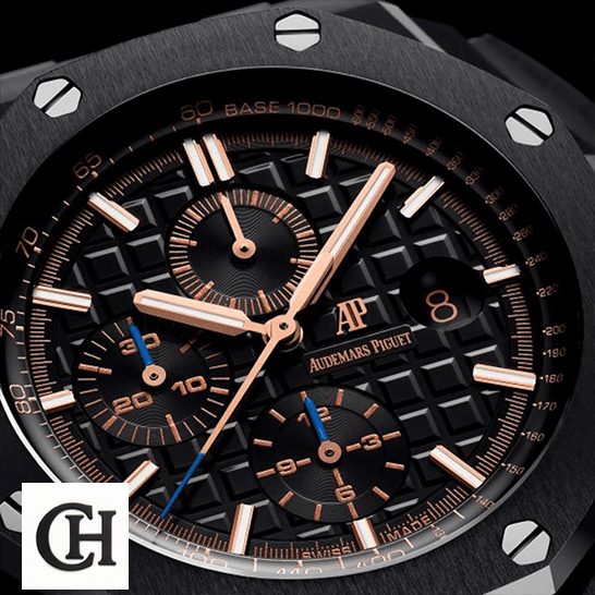 AP Royal Oak Offshore 26405CE.OO.A002CA.02 "Black Ceramic" Edition audemars piguet royaloakoffshore 26405CE.OO.A002CA.02 dial AP Royal Oak Black Dial Rose Gold Second close front view