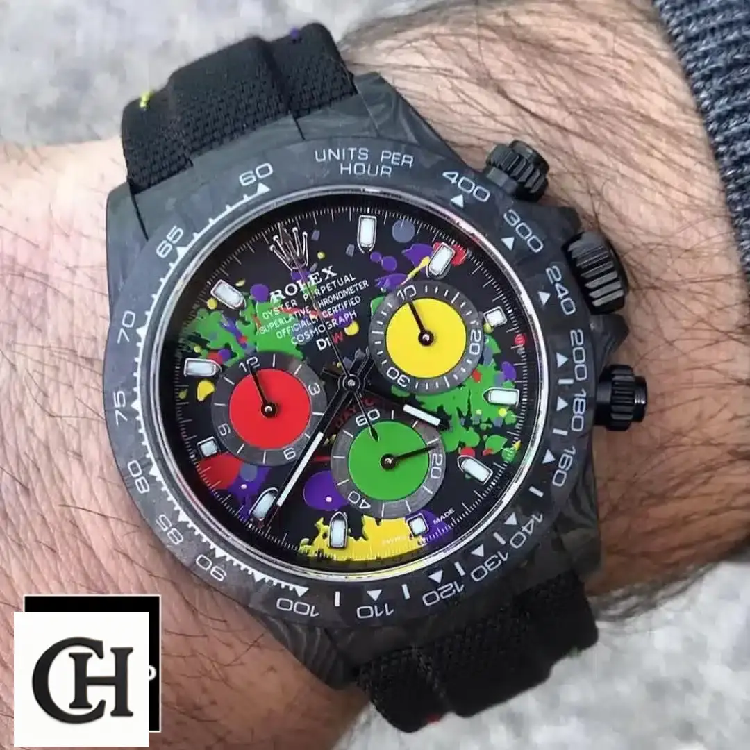 Rolex Daytona Rolex Daytona Carbon Rainbow Dial Black Button & Crown Pusher 4130cr on his arm
