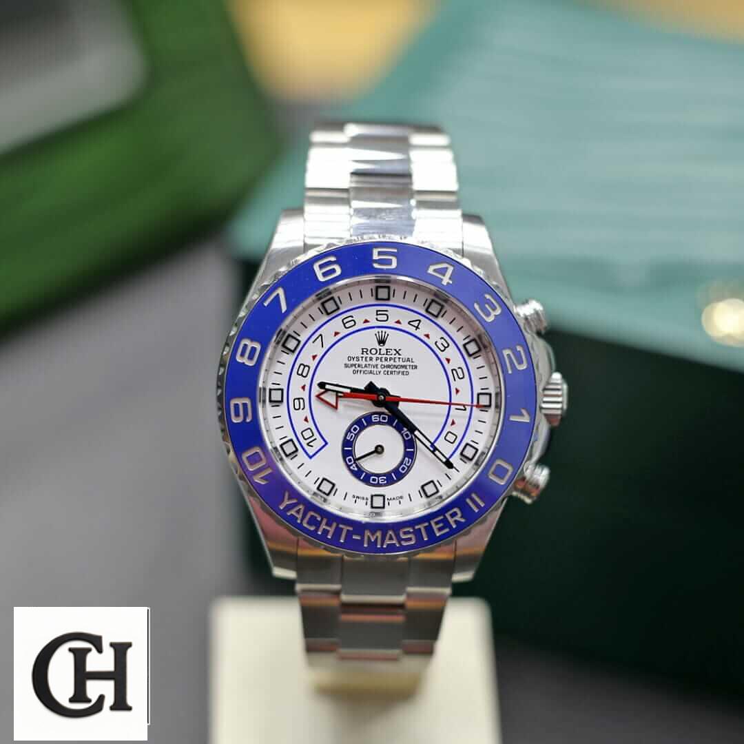 Rolex Yacht-Master II 116680 White Dial High-End Yeni Proje 2 30 Rolex Yacht Master II Oyster Bracelet front view on the stand