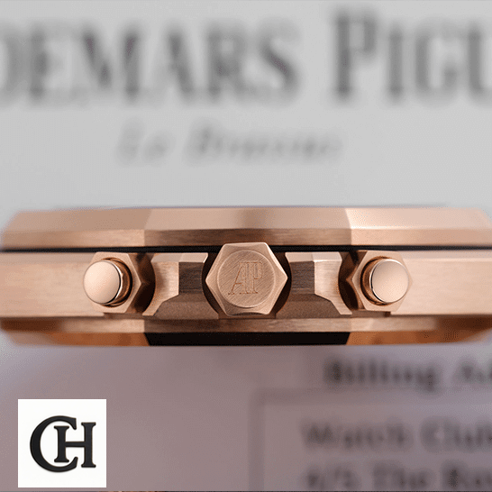 Audemars Piguet Royal Oak 26331OR.OO.1220OR.01 Premium audemars piguet royal oak grande tapisserie dial 26331OR.OO.1220OR.01 man back Audemars Piguet Royal Oak Rose Gold Crown push button side view