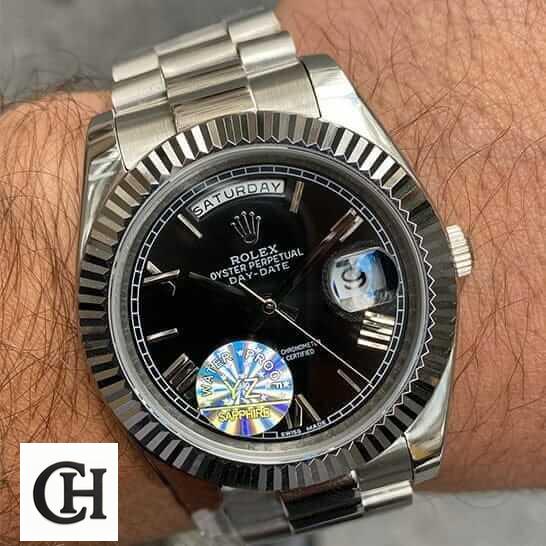 Rolex Day-Date "Presidential" 218239 Detailed rolex presidential Rolex Day Date II Presidential Black Roman Dial 218239 Jubilee