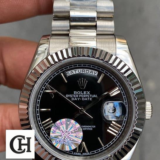 Rolex Day-Date "Presidential" 218239 Detailed rolex presidential replica1 Rolex Day Date II Presidential Black Roman Dial 218239 Silver Jubilee