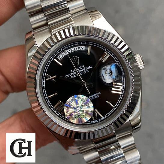 Rolex Day-Date "Presidential" 218239 Detailed rolex presidential replica2 Rolex Day Date II Presidential 218239 Black Roman Dial Silver Jubilee
