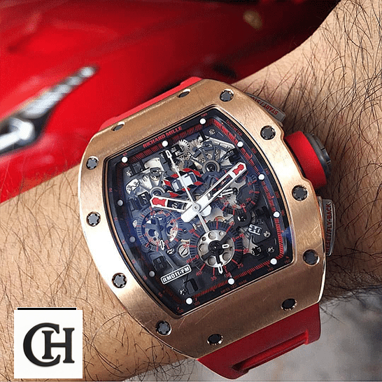 Richard Mille RM 011 "Red Demon" Premium richard mille rm011 red demon man Richard Mille RM011 Red Demon Black Dial Gold Bezel on the man wrist