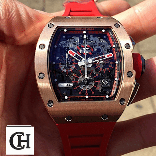 Richard Mille RM 011 "Red Demon" Premium Richard Mille RM011 Red Bracelet Gold Bezel Black Dial on the hand