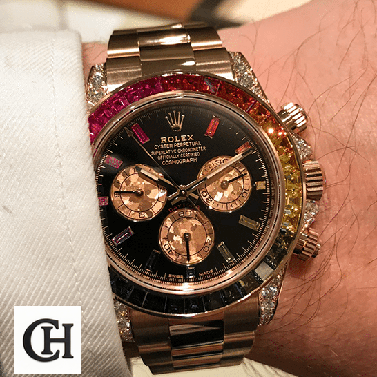 Rolex Daytona Cosmograph Rainbow Bezel Black Dial 116519 Oyster on his hands