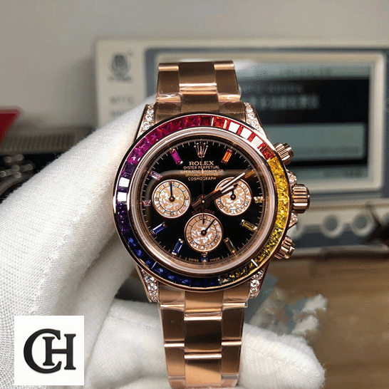 Rolex Daytona Cosmograph Rainbow Crystals Bezel 116519 on the hands