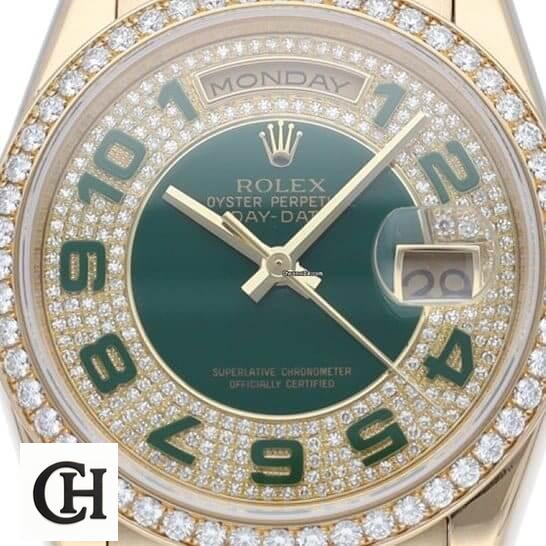 Rolex Day-Date 118348 Rolex Datejust 118348 dial is green with Diamond and Arabic numerals