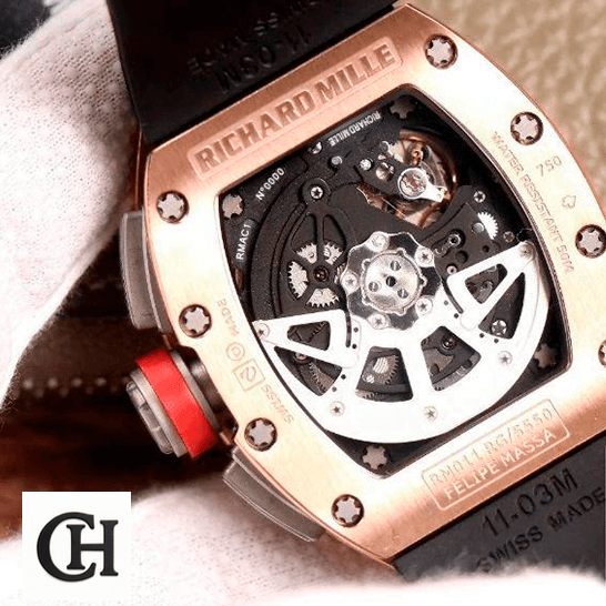 Richard Mille RM 011 Rose Gold Exceptional richard mille RM 011 automatic flyback chronograph red demon limited edition back Richard Mille RM011 Automatic Gold Case upside view
