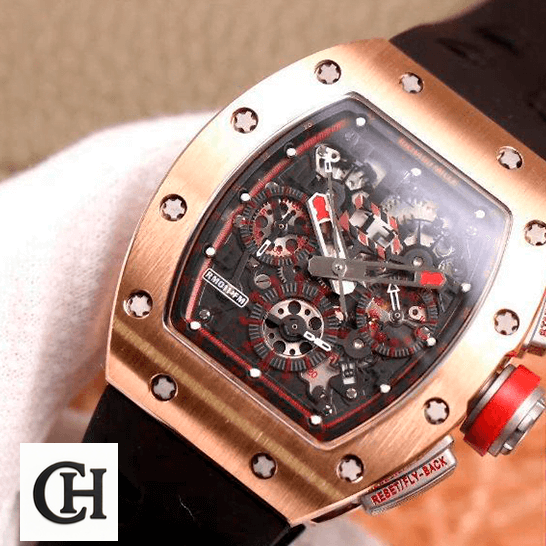 Richard Mille RM 011 Rose Gold Exceptional richard mille RM 011 automatic flyback chronograph red demon limited edition front two Richard Mille RM011 Gold Rose Bezel Black Bracelet front view