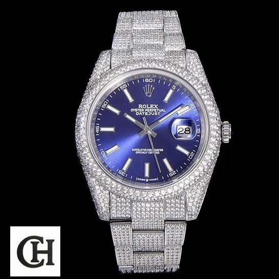 Rolex Datejust 126300 "Iced Out Blue Dial" Premium Edition rolex datejust 126300 front Rolex Datejust White Gold Blue Dial Iced Out 126300 and black background