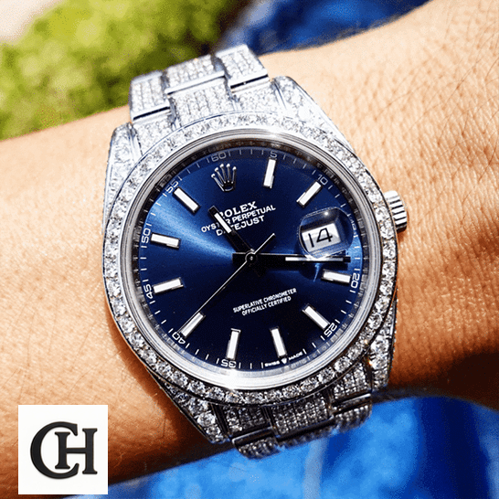 Rolex Datejust 126300 "Iced Out Blue Dial" Premium Edition rolex datejust 126300 hand Rolex Datejust 126300 Blue Dial with white Stick Iced Out on his arm