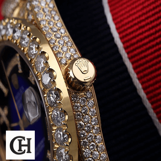 Rolex Day-Date 36 18038 Full Diamond Case Gold Crown Pusher