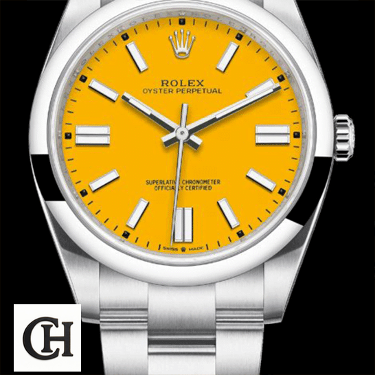 Rolex Oyster Perpetual 124300 Rolex Perpetual 124300 Yellow Dial Stick indices and Black Background
