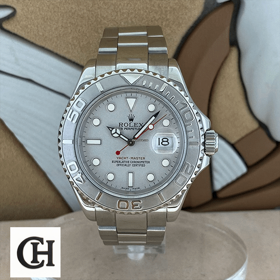 Rolex Yacht Master Platinum White Dial on the stand