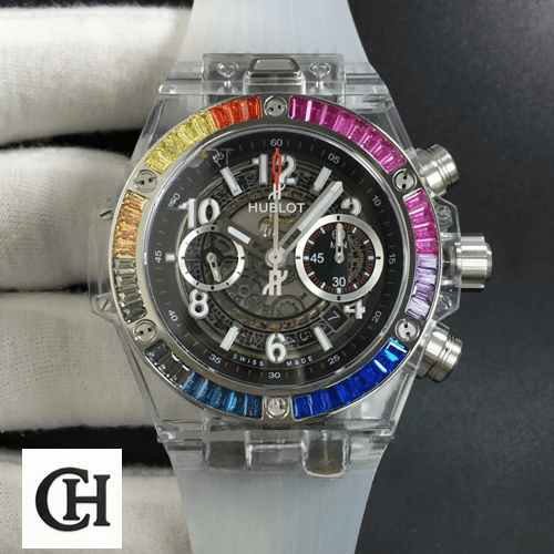 Hublot Big Bang Integral 441.JX.4802.RT.4099 "Black Rainbow" Premium Big Bang Unico Magic Sapphire 45mm OXF Best Edition Rainbow Crystal Bezel Black Dial on White Rubber 1 cleanup Hublot Big Bang Unico Magic Rainbox Bezel White Rubber Bracelet on the hand