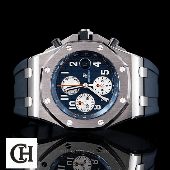 Audemars Piguet Royal Oak 26470ST.OO.A027CA.01. Audemars Piguet Blue Dial Blue Rubber Bracelet side vide black background