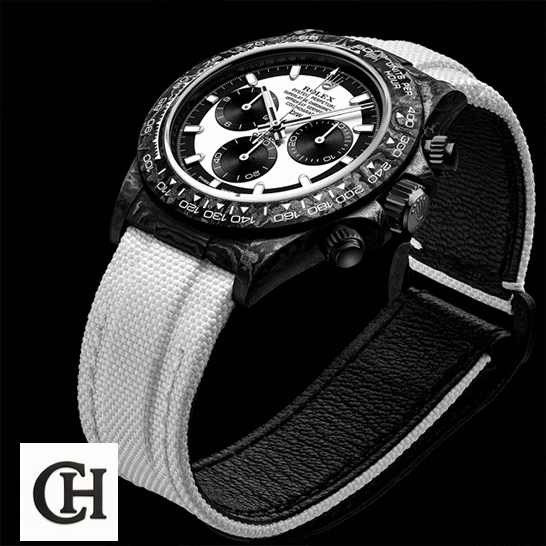 Rolex Cosmograph Daytona Rolex Daytona Carbon Cream Textile Bracelet White Dial Black Background