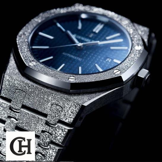Audemars Piguet Royal Oak 67653BC.GG.1263BC.02 Frosted AP Blue Dial black background