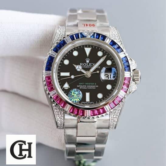 Rolex GMT Master II 116710 Blue-Red Gem-Set Bezel on his hands