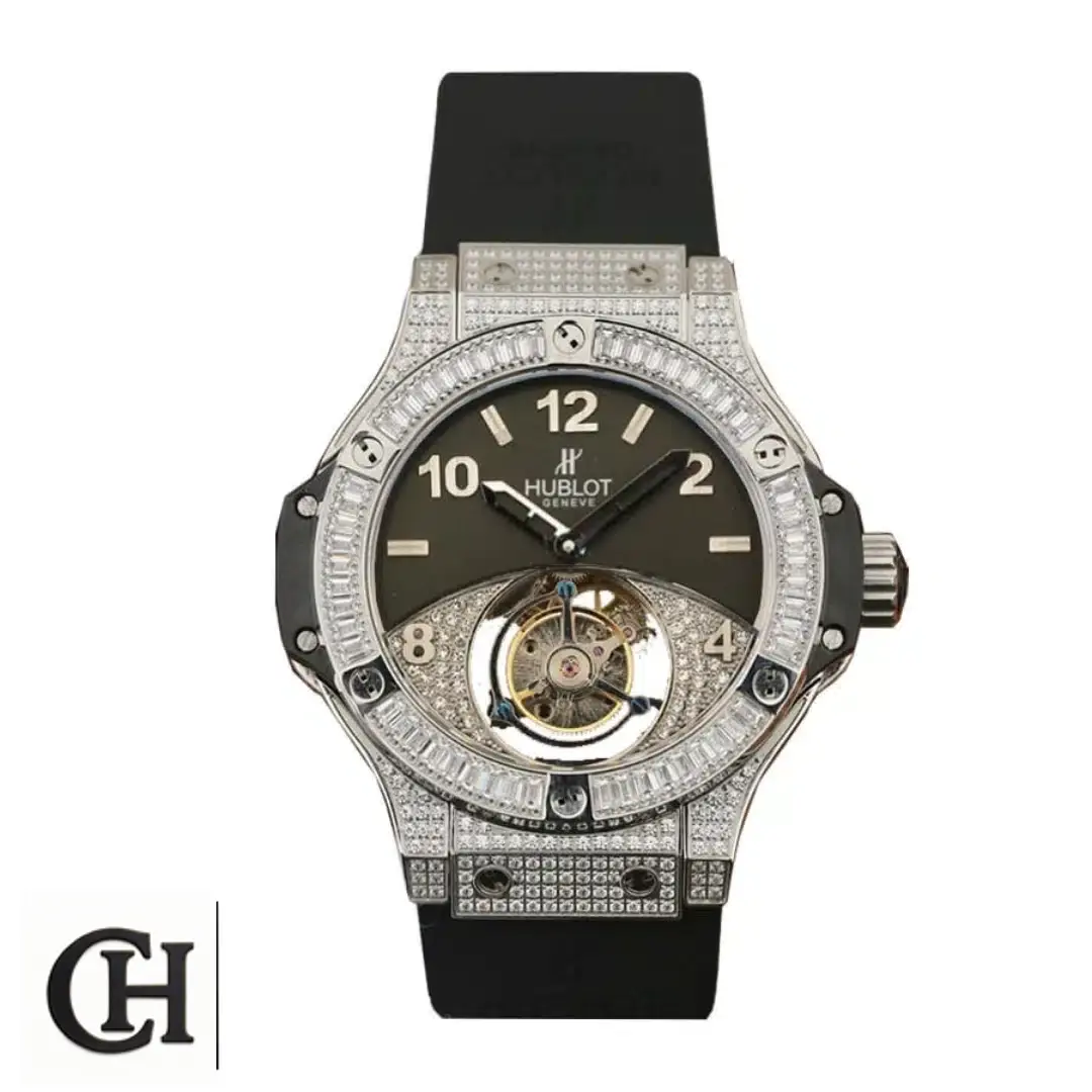 Hublot geneve tourbillion with diamonds black white backgorund