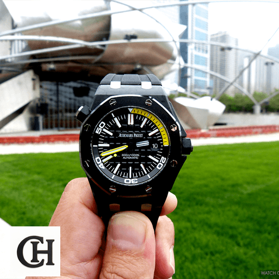 Audemars Piguet Royal Oak Offshore Diver 15706AU Audemars Piguet Royal Oak Black and yellow Dial grass background