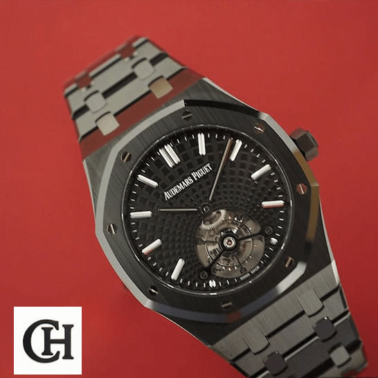 Audemars Piguet Royal Oak Tourbillon 26522CE Audemars Pigıet Tourbillion Black Dial Steel Bracelet 26522CE.OO_.1225CE red background