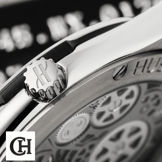 Hublot Classic Fusion 505.NX.0170.LR "Skeleton Dial" Top hublot classicfusion 505.nx.0170.lr rightside Hublot Classic Fusion Steel Case crown on the hulobt logo