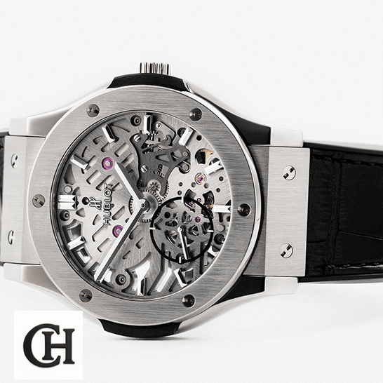 Hublot Classic Fusion 505.NX.0170.LR "Skeleton Dial" Top hublot classicfusion 505.nx.0170.lr tiltedleft Hublot Classic Fusion Stanless Steel Case Black Rubber Bracelet white background