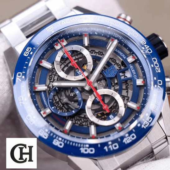 TAG Heuer Carrera 01 CAR201T Tag Heuer Blue Bezel Red Second Hand Steel Bracelet close view