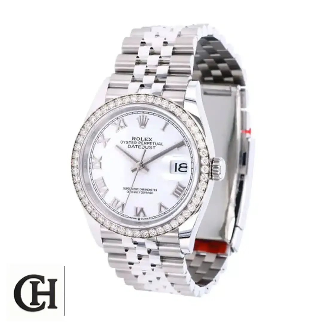 Rolex datejust with white background standing on its side