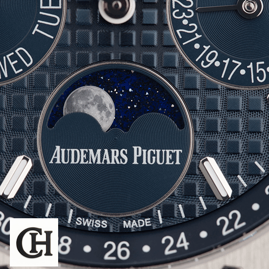 Audemars Piguet Royal Oak Offshore 26574ST.OO.1220ST.02 "Blue Dial" audemarspiguet royaloak 26574ST.OO.1220ST dial Audemars Piguet Royal Oak Blue Dial moon close view