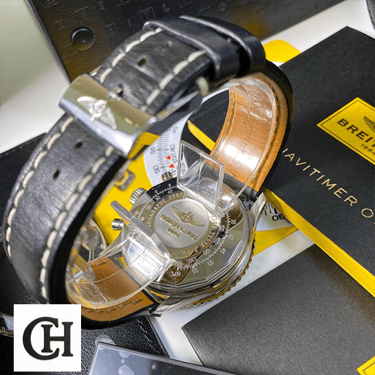 Breitling Navitimer B01 Chronograph 46 AB0127211B1X1 "Black Dial" Signature Edition breitling navitimer B01 black chronograph dial automatic AB0127211B1P2 back Breitling Navitimer Black Leather Bracelet upside view