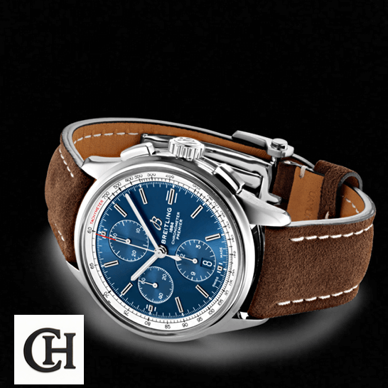 Breitling Premier Automatic Blue Dial Steel Case black background