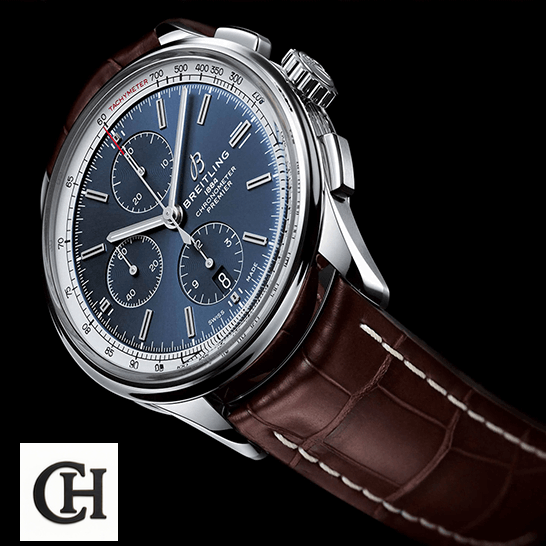 Breitling Premier Automatic Blue Dial side view black background