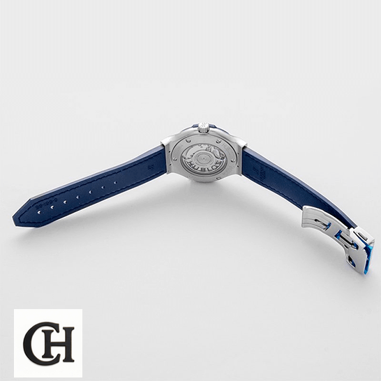 Omega Seamaster Diver 210.90.42.20.03.001 "Blue Titanium" Perfect Hublot Classic Fusion Automatic Blue Rubber Bracelet opened clasp white background