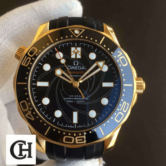 Omega Seamaster Black Dial Gold Bezel on the hand